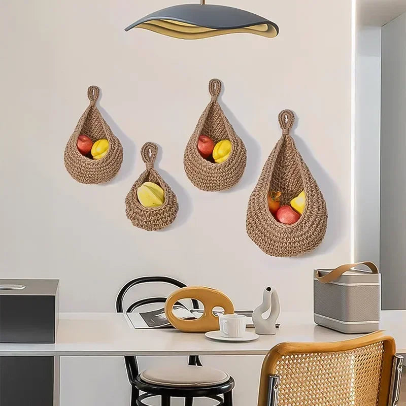 Handwoven Hanging Wall Fruit Vegetable Basket Organizer Container Decor for Kitchen Garden Mount Wall Plant Flower Onion Storag